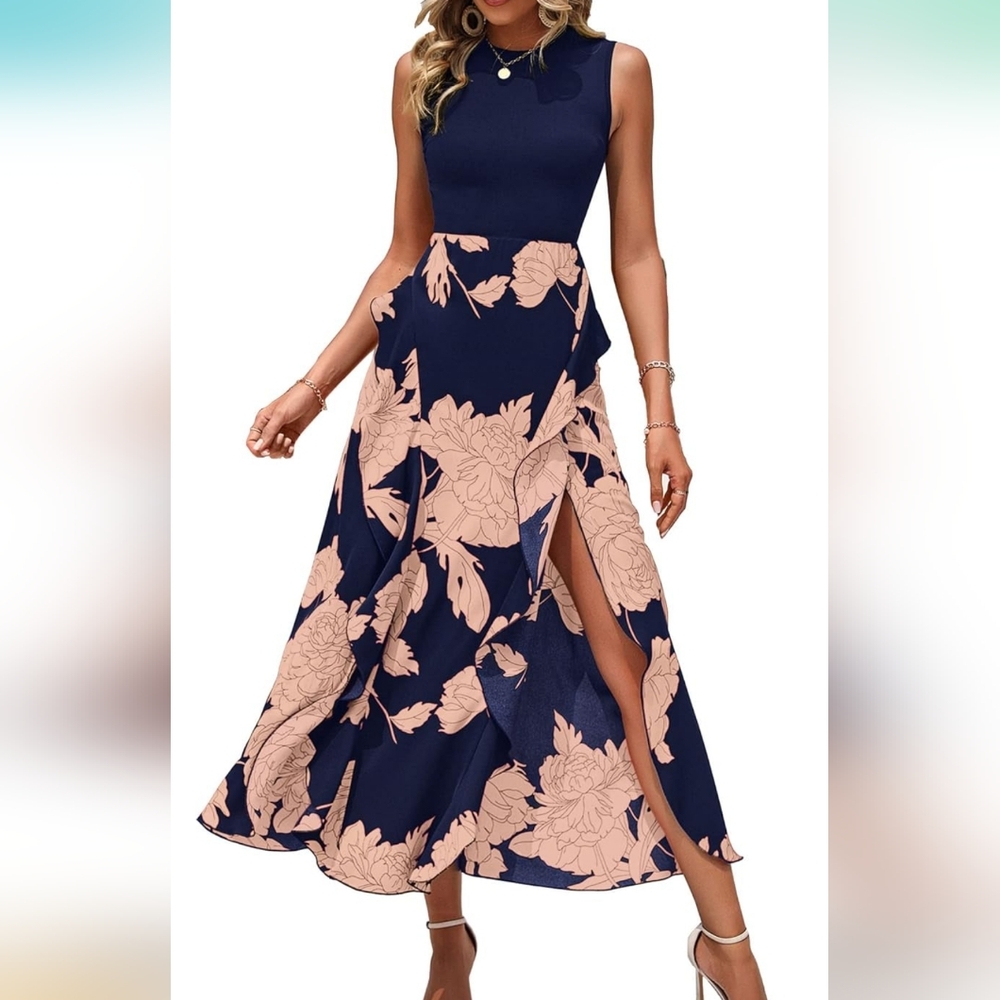Navy and Pink Floral Maxi Skirt